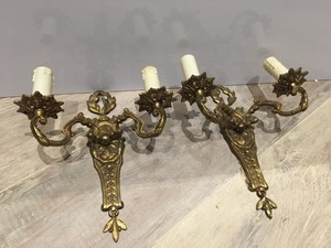 French-Vintage-Regency-Gilt-Brass-Wall-Sconce-Light-PAIR-Roses-1950s