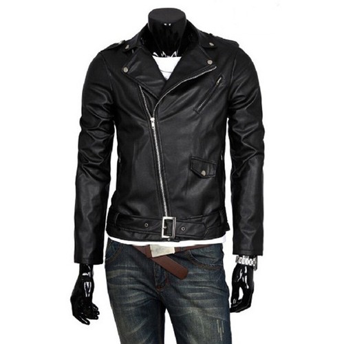 Mens British Style Leather Jacket Slim Biker Motorcycle Jacket Outwear - Picture 5 of 13