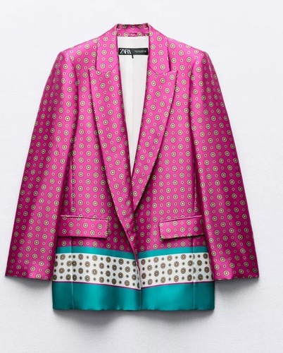ZARA PINK PRINTED SATIN BLAZER LAPEL COLLAR SIZE M REF. 3215/208 - Picture 2 of 18