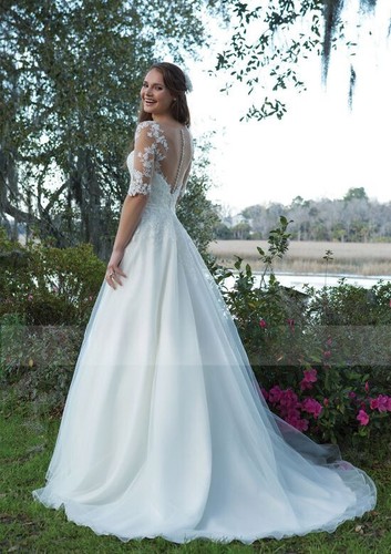 Wedding Dress A-Line Gown with Illusion Sleeves and Lace Appliques - Picture 3 of 12
