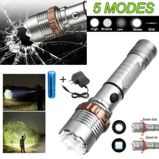 Most Powerful 9500000LM LED Tactical Flashlight 5-Modes Zoomable Torch+Batt+Char