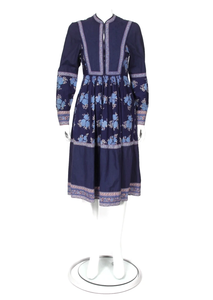 Vestido Mágico Azul Floral Indio Años 70 Estampado en Bloque Acolchado Exótico India S/M/480 Foto 2 de 4