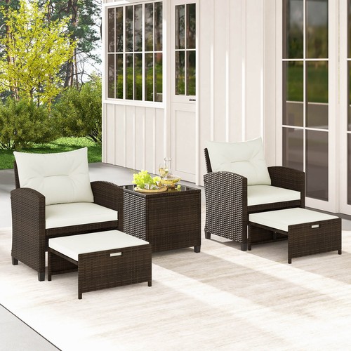 5 Piece Patio Rattan Furniture w/ 2 Ottomans & Tempered Glass Coffee Table - Picture 4 of 10