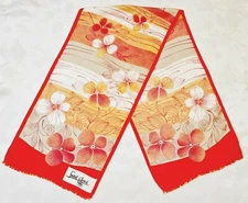 SCARF VINTAGE AUTHENTIC LAURENT D'HERVAL PARIS FLORAL ART RED SILK LONG WOMENS