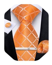 Silk Ties for Men Formal Plaid Check Necktie and Pocket Square Orange Plaid