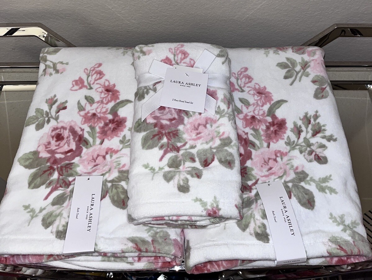 4-NWT LAURA ASHLEY PINK GREEN AND WHITE FLORAL TOWELS SET BUNDLE