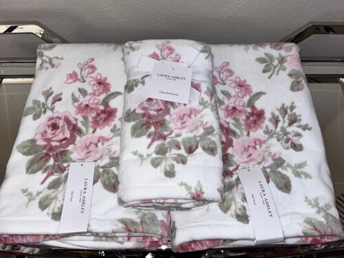 4-NWT LAURA ASHLEY QUATER PINK GREEN AND WHITE FLORAL TOWELS SET BUNDLE - Picture 2 of 10