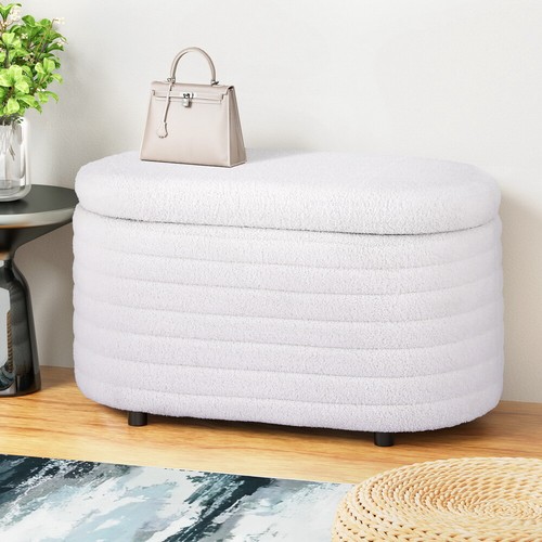 Artiss Storage Ottoman Blanket Box 87cm Boucle Fabric Chest Couch Footstool Oval - Picture 6 of 6