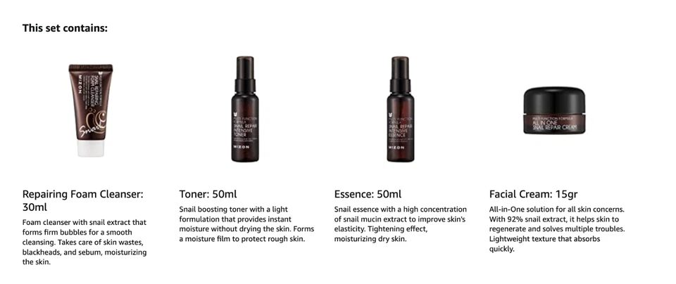 Mizon Caracol Miniatura Set Reparación Limpiador Tónico Esencia Crema 4 piezas Foto 2 de 3