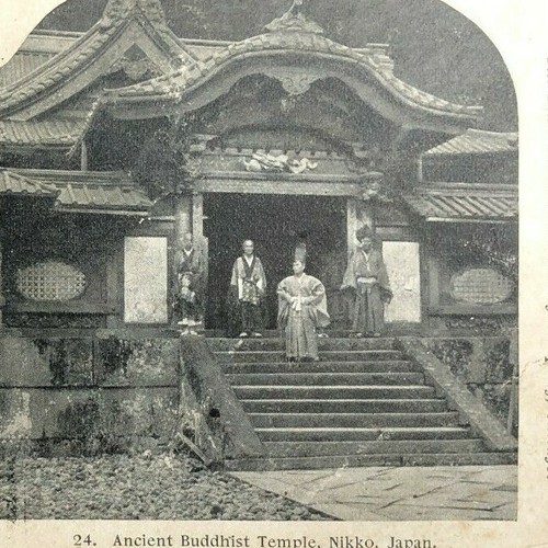 Nikko,Japan Photo Stereoscope Card Antique Ancient Buddhist Temple Religious Men - Picture 1 of 7
