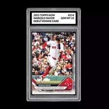 Graded 10 MARCELO MAYER 1st MLB HIT 2025 Topps Now #214 RC Rookie DEBUT 