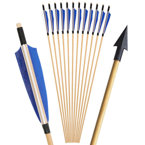 32" Archery Wooden Arrows 5" Feather Arrowheads Recurve Bow Longbow Hunting - Picture 5 of 16