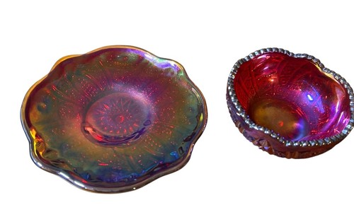 VTG Indiana Glass Iridescent Sunset Carnival Glass Trinket Bowl & Plate Set Red - Picture 8 of 12