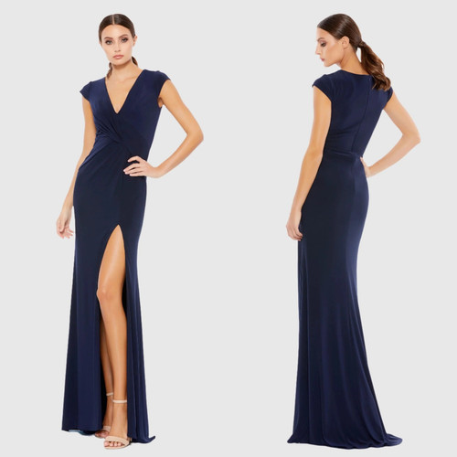 Robe Mac Duggal taille 0 bleu nuit col V froncé en jersey manches bonnet fente haute - Photo 1 sur 7