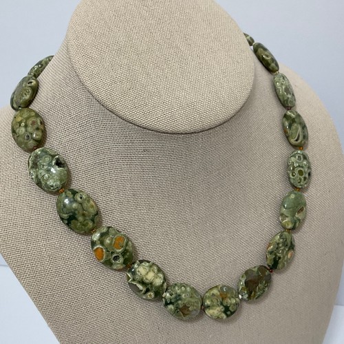 Collar de cuentas de moneda ovaladas de riolita verde y óxido de colección de plata de ley se ajusta 16-18" - Imagen 6 de 21