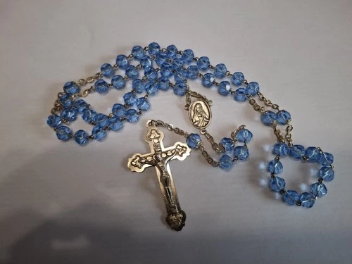 Rosary 6MM Blue Crystal  Beads ROME Italy. 18" Capped Beads Double Wire December
