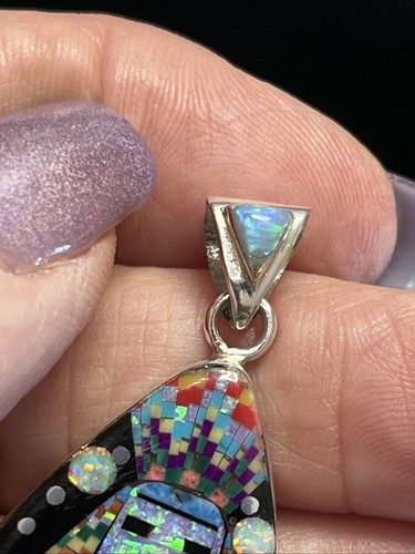 INDIAN KACHINA Micro Intarsio Argento Sterling ARTE Ciondolo Multipietra - Foto 5 di 7