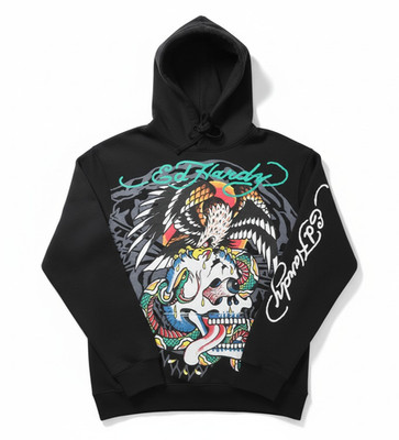 NWT Ed Hardy Skull Script Eagle Pullover Drawstring Hoodie Black Y2K Vivid MD