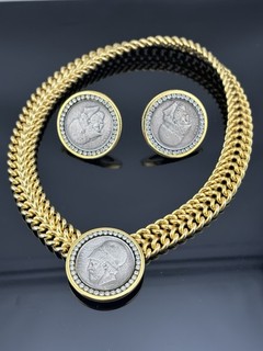 VTG Les Bernard GREEK COIN Necklace & Clip Earring Jewelry Set Rhinestone Accent