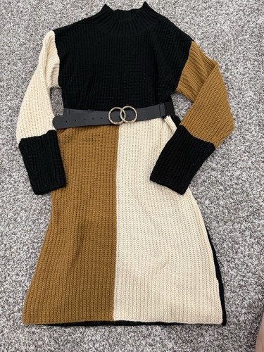 Venus Damen Colorblock Strick Pullover Kleid mit Gürtel Größe S