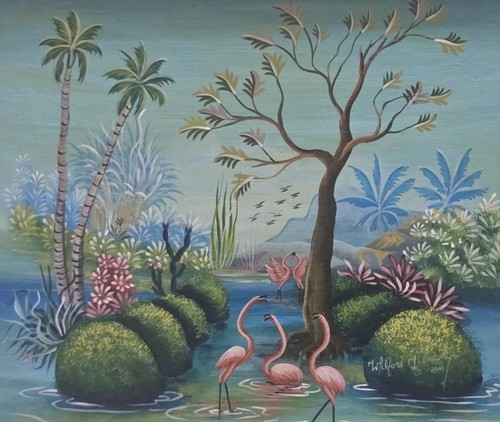 2000 Signed Wilford M. Constant Haitian Naif Folk Art Flamingo Jungle Painting - Picture 1 of 7