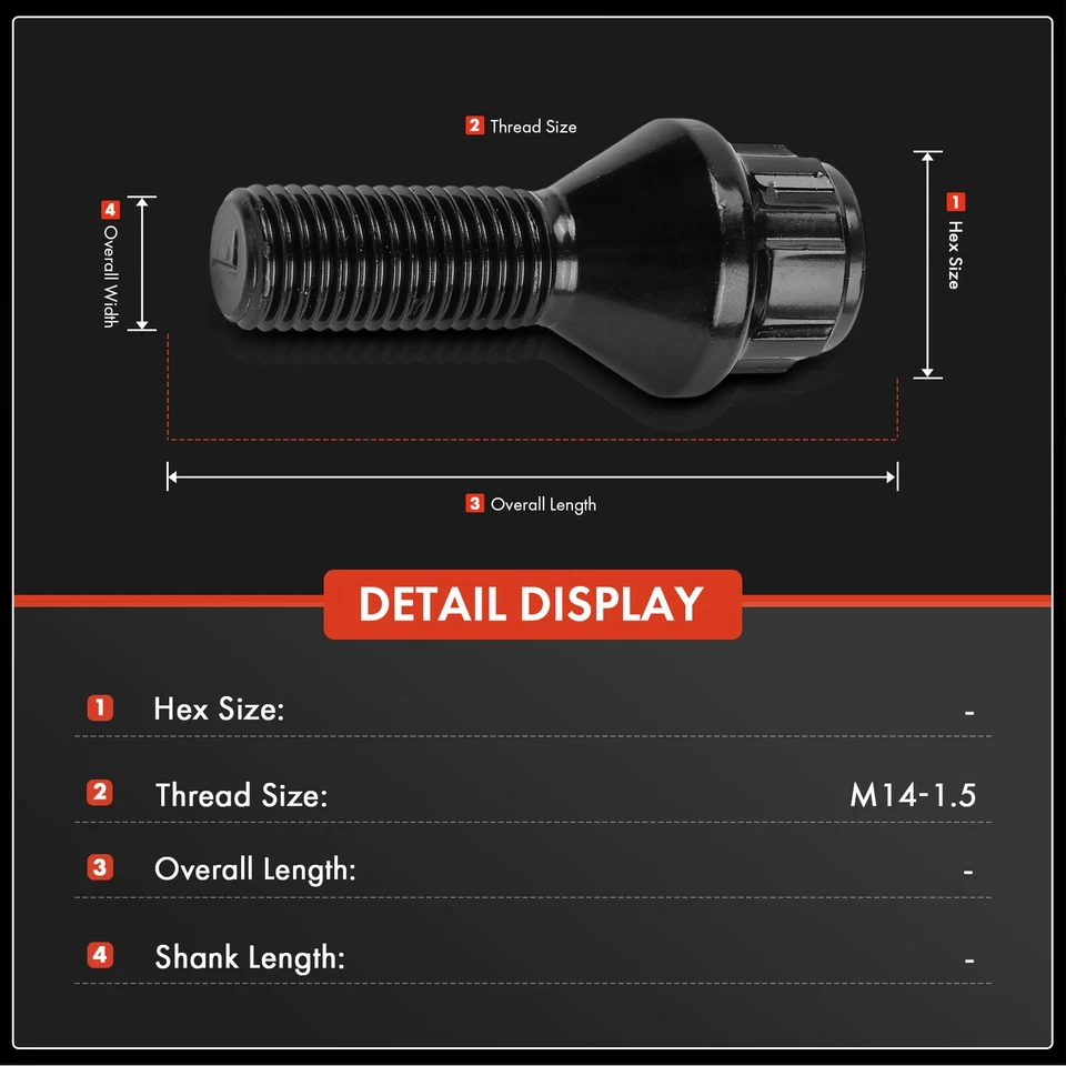 5x parafusos de trava de roda de assento esférico dianteiro e traseiro M14-1.5 para Audi A4 1996-2023 Q5 Q7 - Imagem 2 de 4