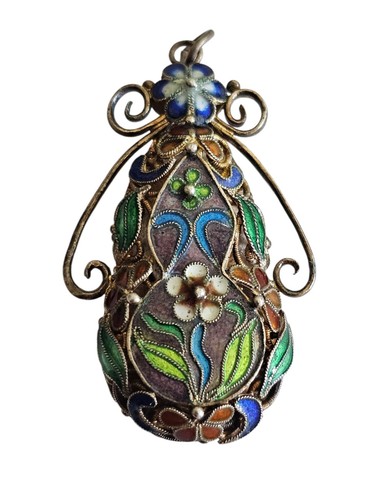 Vintage Chinese Enamel Filigree Silver Teardrop Pendant