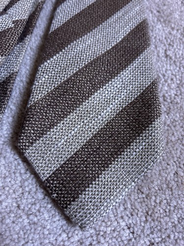 ISAIA 7 fold woven linen silk cotton tie - beige & brown stripes - 3 1/4" - Picture 2 of 5