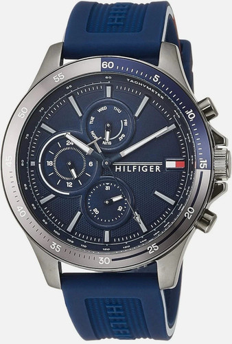 Tommy Hilfiger 1791721 Men's Gray Case Blue Silicone Band Blue Dial Watch 46mm - Picture 2 of 5