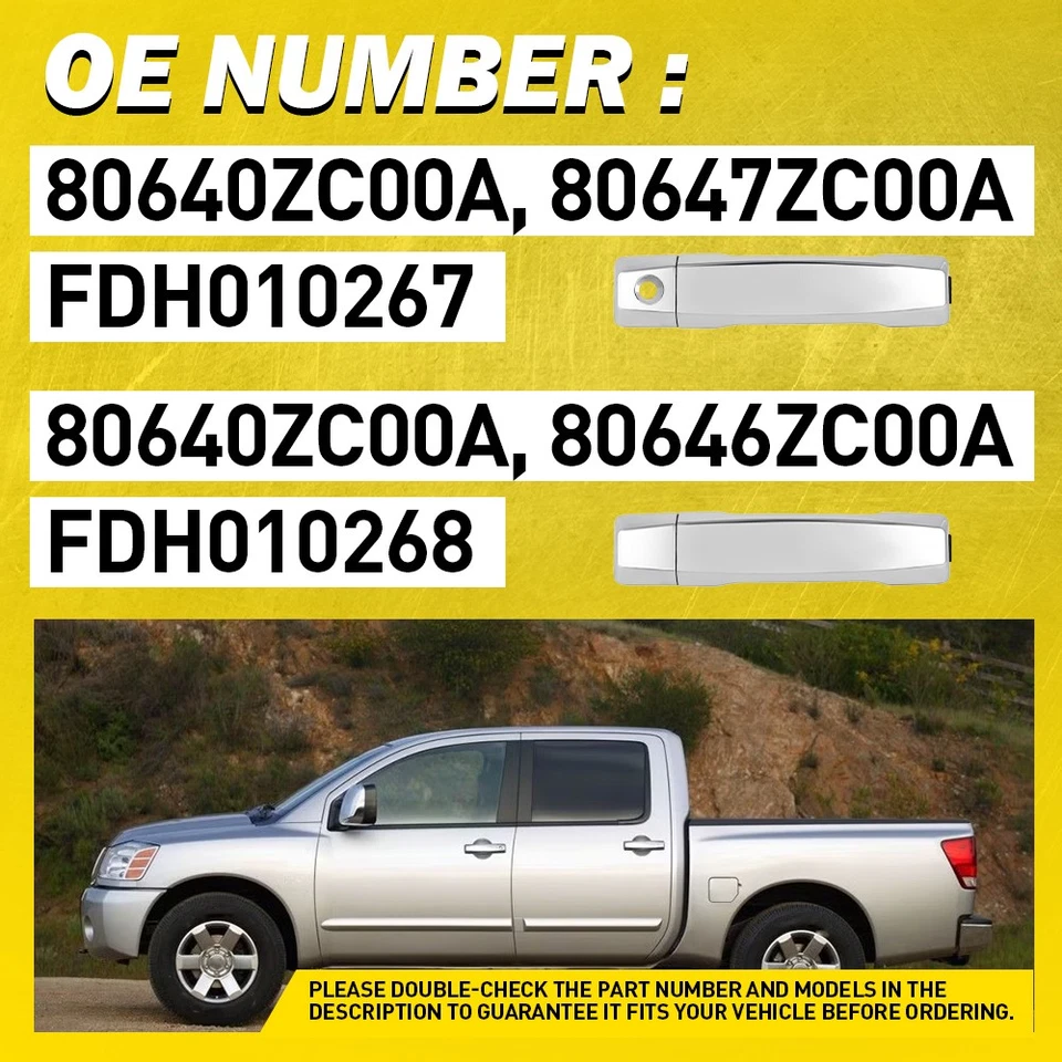 PARA NISSAN TITAN 2004-2015 CUBIERTA DE MANIJA DE PUERTA CROMADA SUPERPOSICIÓN DELANTERA TRASERA DERECHA DERECHA Foto 2 de 4