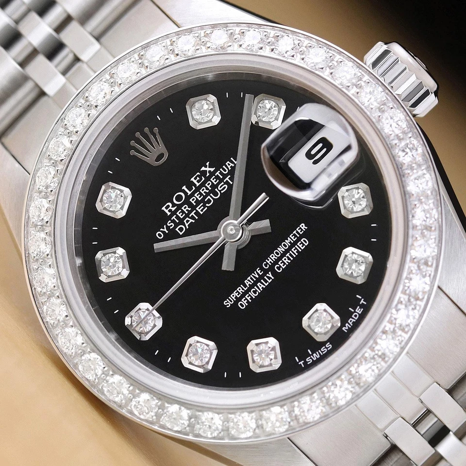 ROLEX LADIES DATEJUST 79174 NO HOLES BLACK DIAL 18K GOLD STEEL DIAMOND WATCH