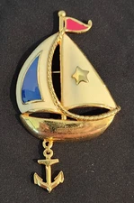 Vintage Avon Enamel Sailboat Brooch Pin Ship's Anchor Charm Nautical Gold Tone
