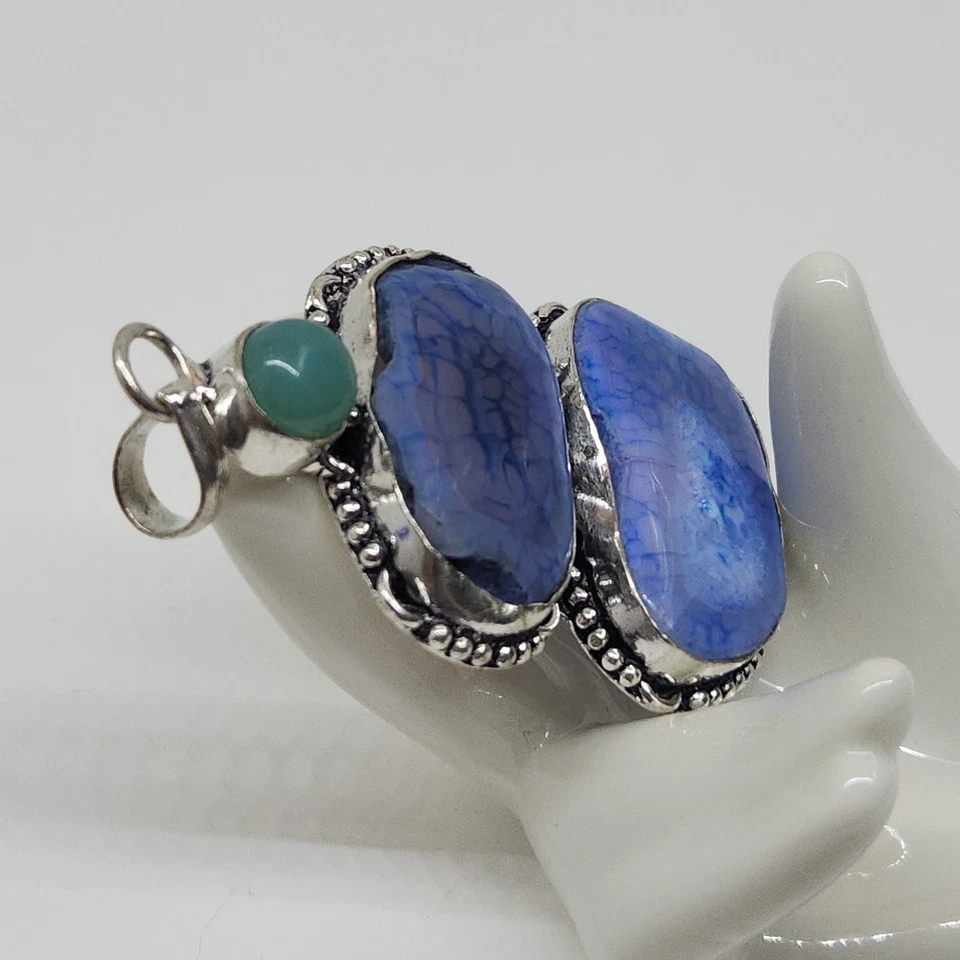 Colgante de ágata azul y aventurina verde en plata de ley con cadena de 20" Foto 4 de 4
