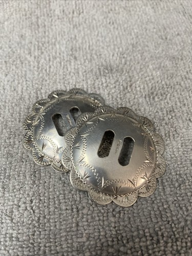 2 Antique 1.75” Sterling Silver Hand Engraved Western Slotted Pico Conchos - Picture 8 of 10