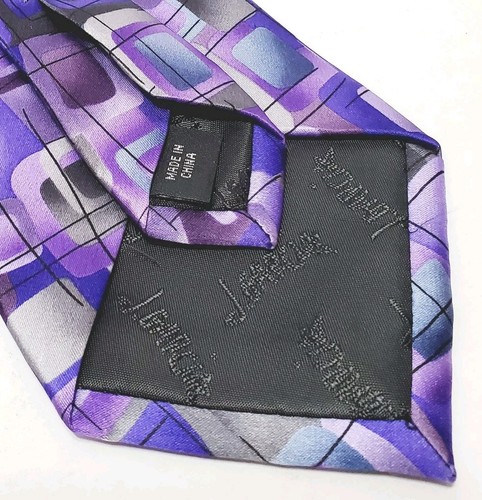 Cravatta uomo J. Garcia viola e blu motivo geometrico cravatta collo seta - Foto 4 di 5