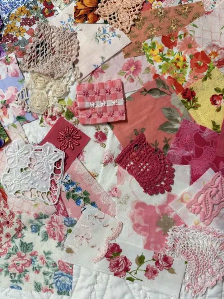 Colección de 90+ DELICIOSOS restos de tela vintage y nuevos, adornos, fragmentos Foto 4 de 4