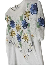 Vtg 90s Watercolor Flowers Painted Single Stitch Nature Art Vaporwave Brush Work