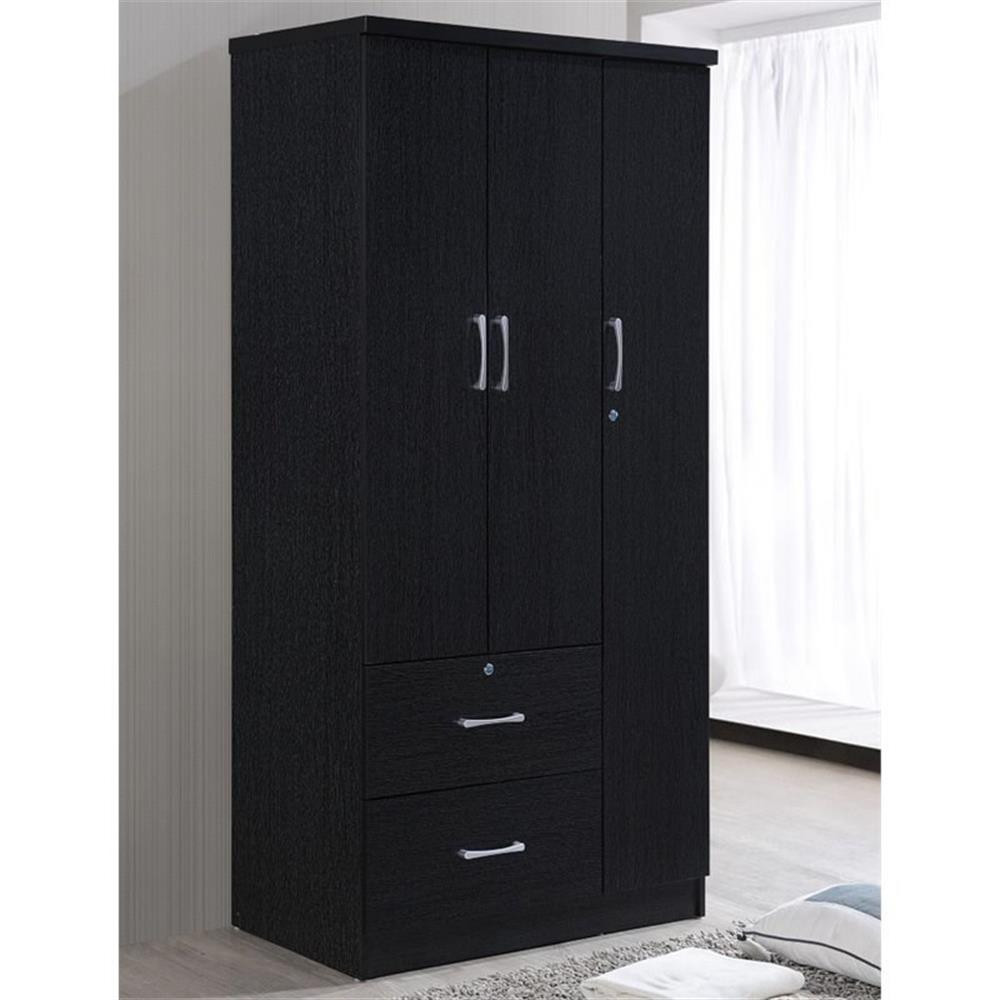 Hodedah 3 Door Armoire with 2 Drawers 3 Shelves in Black Wood