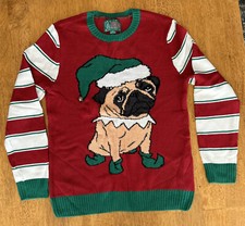 Christmas Ugly Sweater Features Pug On Front. Size small Warm Rib Neck