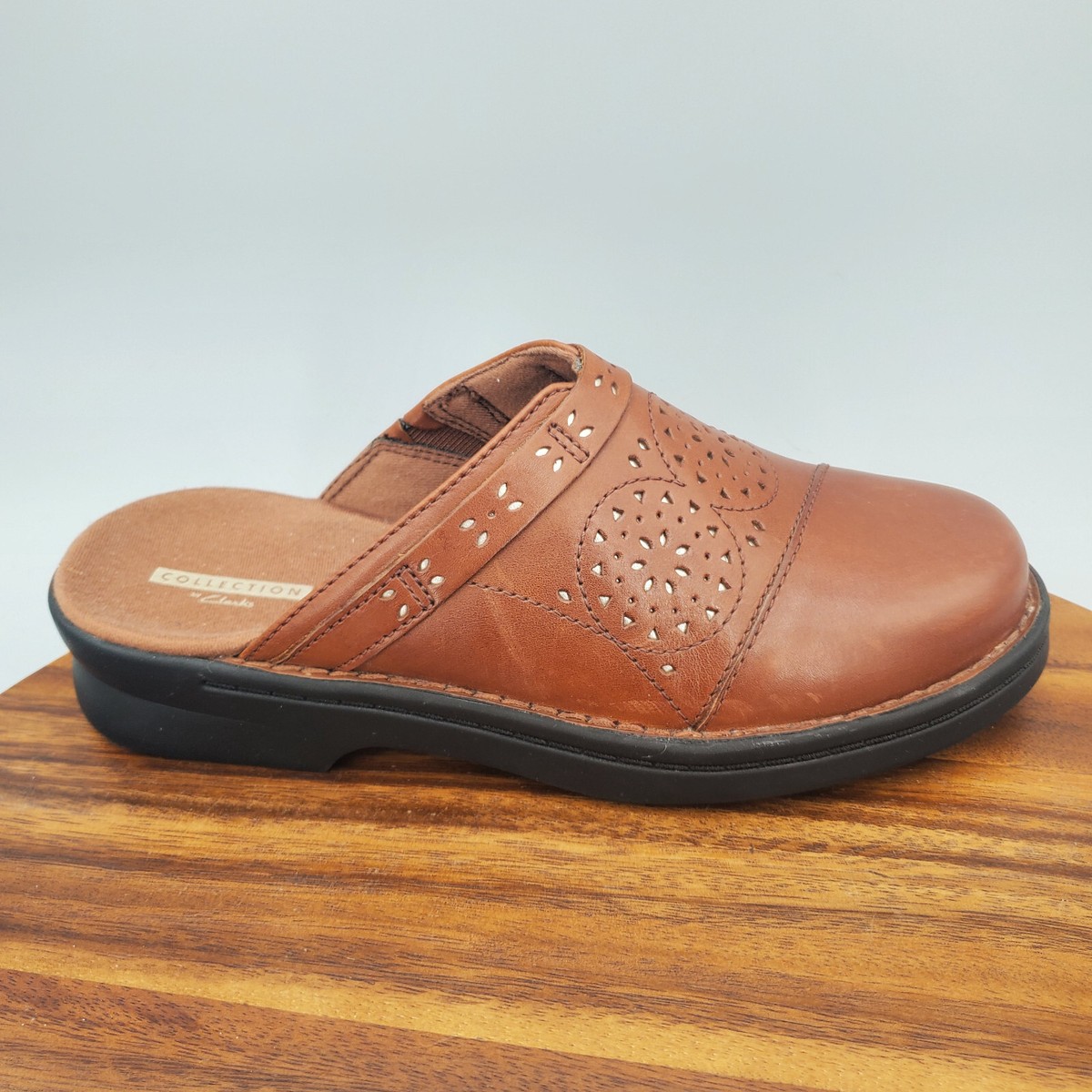 Clarks Mules Womens 7.5 Wide Brown Leather Laser Cut Patty Slip On Comfort Clogs eBay