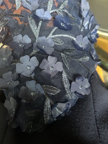 XSCAPE Melanie Midnight Blue Off Shoulder 3D Floral Sleeve Cocktail Gown Dress 4 - Picture 18 of 24