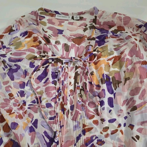 Susan Graver Blouse Top 3X Pullover Roll Up Button Abstract Neck Tie Multicolors - Picture 17 of 24
