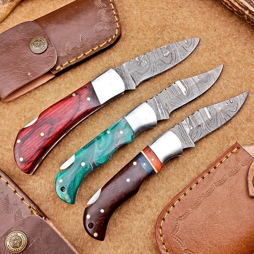 LOT OF 3 PCS! Handmade Damascus Pocket Knives – Folding Knives, W/Sheath IT-1409 - Picture 4 of 10