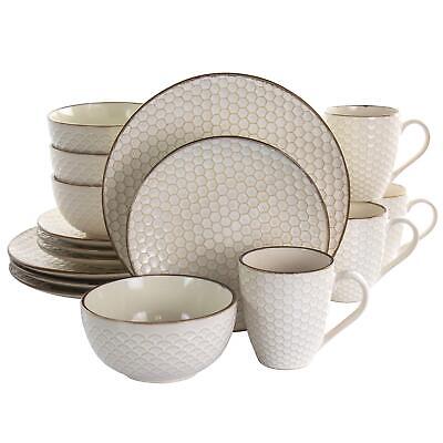 Elama Geometric Embossed Stoneware Honeycomb Pattern Tableware Set Ivory