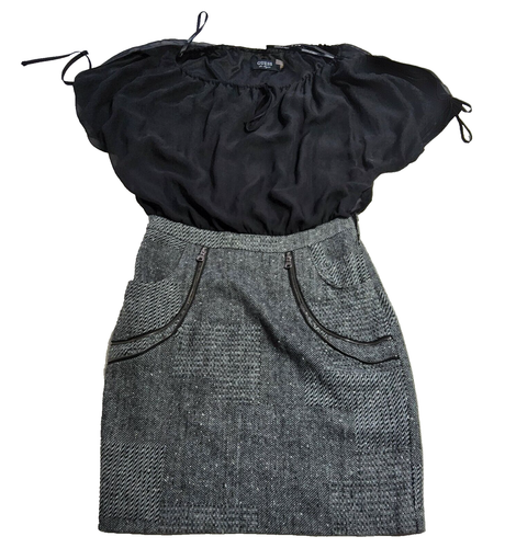Guess Kleid Gr. S schwarz grau Kurzarm Reißverschluss Akzent Taschen Herbst Style