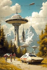 RETRO SCI-FI MOUNTAIN BASE ART PRINT, Futuristic Space Station Decor Fantasy