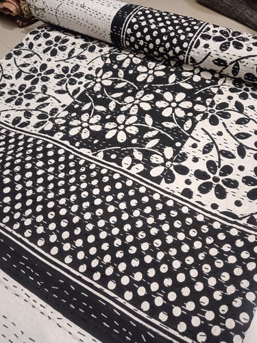 Indian black and white kantha throw handmade cotton quilt king size bedspread - Picture 1 of 20