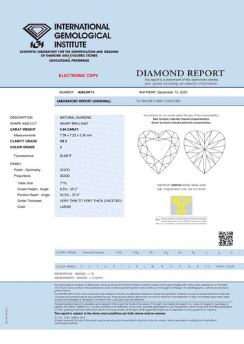 DIAMANTE 0,94 quilates corazón brillante VS2 Top Crystal (J) certificado IGI - Imagen 2 de 2
