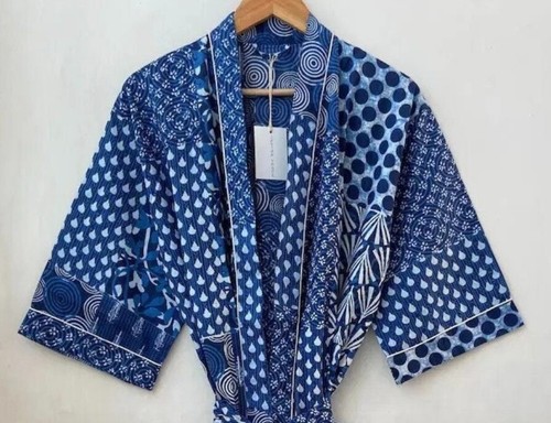 Cotton Kimono Indian Indigo Kaftan Patchwork Beach Summer Bathrobe Blue One Size - Picture 4 of 6
