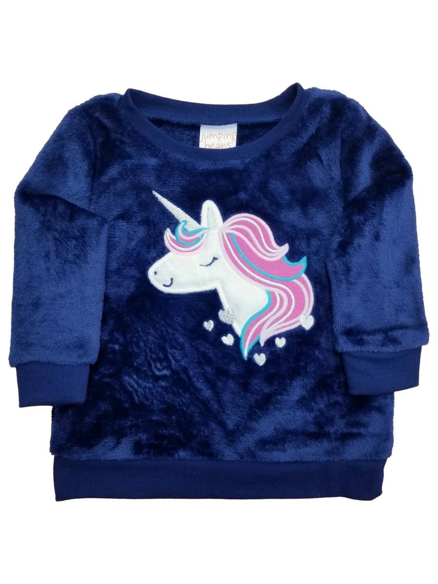 Infant Girls Navy Blue Soft Faux Fur Furry Pink Silver Unicorn Sweatshirt
